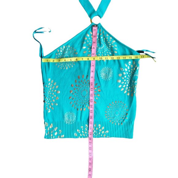 Vintage y2k Teal Gold Knit Halter Top - Picture 2 of 7